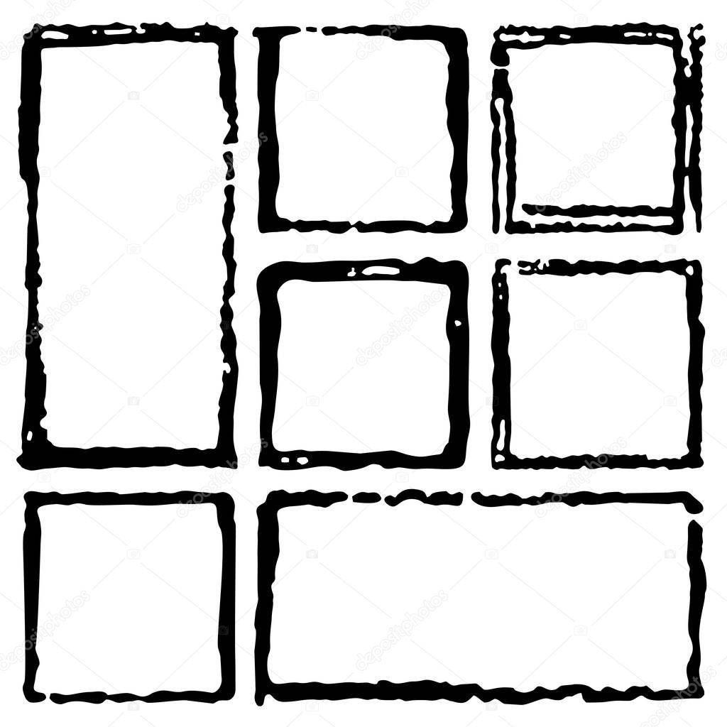 Collection of rectangular ink grunge frames, borders set. Squared hand drawn box for text with torn, damaged edges. Vector