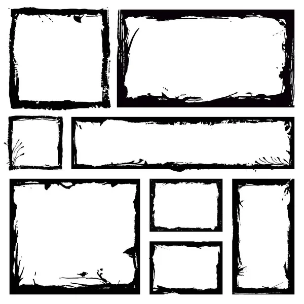 Bir dizi grunge square çerçevesi. Boş sınır arkaplanı. El siyah beyaz mürekkep çeker. Hasarlı kenar vintage şablonu. Fırça darbesi vektörü.