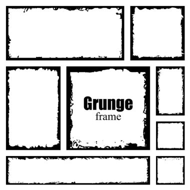 Bir dizi grunge square çerçevesi. Boş sınır arkaplanı. El siyah beyaz mürekkep çeker. Hasarlı kenar vintage şablonu. Fırça darbesi vektörü.