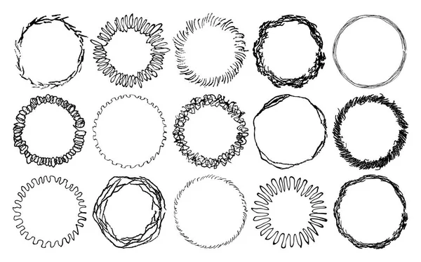 Set Linee Scarabocchiare Modello Cornici Cerchio Cornici Rotonde Grunge Disegnati — Vettoriale Stock