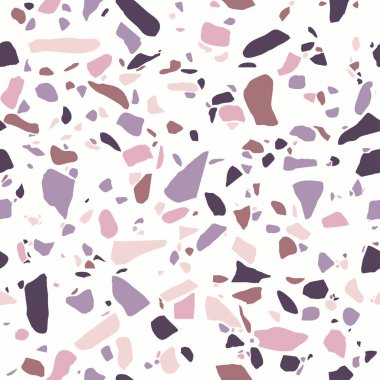 Terrazzo döşeme, seamless modeli. Parlatılmış kaya yüzeyi, renkli mozaik taban. Pastel renklerde küçük rasgele Mermer çakıl. Vektör doku arka plan.