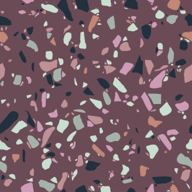 Terrazzo cilalı taş zemine. Renkli çakıl desen. Mermer veya granit yüzey döşeme. Vektör arka plan dokusu.
