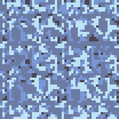 Dijital kamuflaj desenli arka plan, kusursuz vektör çizimi. Klasik askeri giyim tarzı. Maskeli ordu kamuflajı. Duvar kâğıtları ya da kumaş üzerindeki parmak izleri için tekrar baskı yapın. Mavi, deniz renkleri.