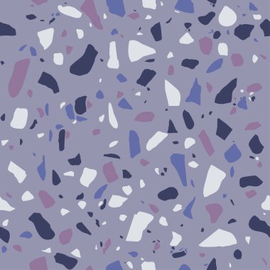 Terrazzo döşeme, cilalı taş mozaik taban. İhale mor renk arka plan. Renkli çakıl desen. Mermer veya granit yüzey döşeme. Vektör doku.