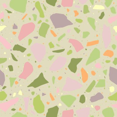 Terrazzo döşeme pürüzsüz desen. Pastel renkler. Renkli çakıl taşından yapılmış mermer mozaik. Vektör