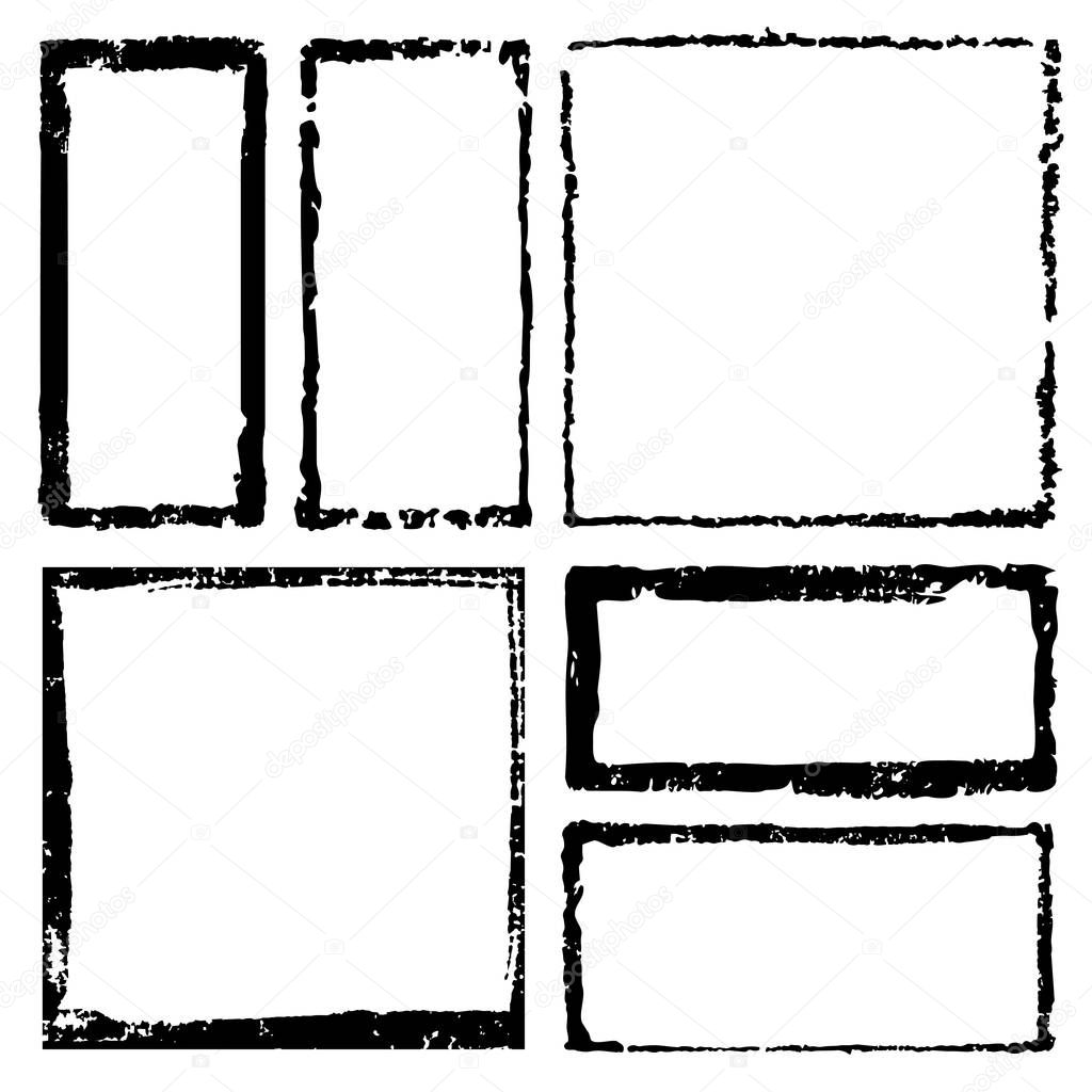 Collection of rectangular ink grunge frames, borders set. Squared hand drawn box for text with torn, damaged edges. Vector