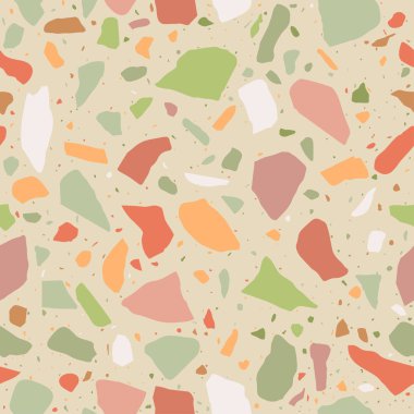 Terrazzo döşeme pürüzsüz desen. Pastel renkler. Renkli çakıl taşından yapılmış mermer mozaik. Vektör