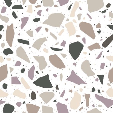 Döşeme, pastel renklerde seamless modeli terrazzo. Parlatılmış kaya yüzeyi. Renkli taşlarla ihale beyaz arka plan. Vektör doku 