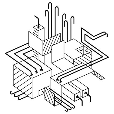 Endüstriyel arka plan. İzometrik elemanları, çizgiler ve şekiller ile doğrusal sanat ile soyut kompozisyon. Küpleri, kareler, dikdörtgenler ve farklı soyut öğeler. Vektör