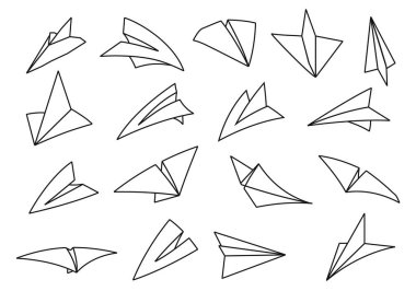 Kağıt Uçak kümesi. Origami, planör havada uçan farklı görünümü. Vektör