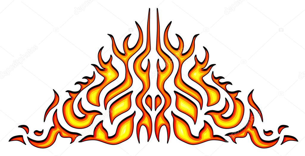 Vehicle sticker - burning flame, car and bike color vinyl decals, isolated on white background. Hot fire decal artwork, illustration of pattern fire stencil. Vector