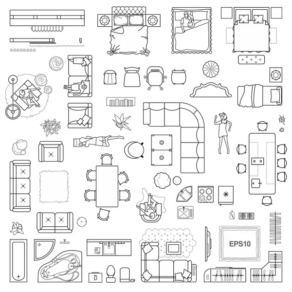 Grundrisssymbole Für Design Interieur Und Architektonisches Projekt Ansicht Von Oben — Stockvektor