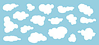 Bulutlar ile mavi gökyüzü parlak gün karikatür. Siluet üzerinde mavi arka plan izole kabarık beyaz bulutlar. Vektör set  