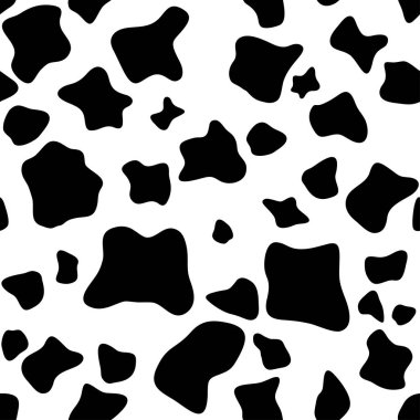 İnek derisi dokusu, siyah ve beyaz benek tekrarlanmış pürüzsüz desen. Hayvan desenli dalmaçyalı köpek lekeleri. Vektör