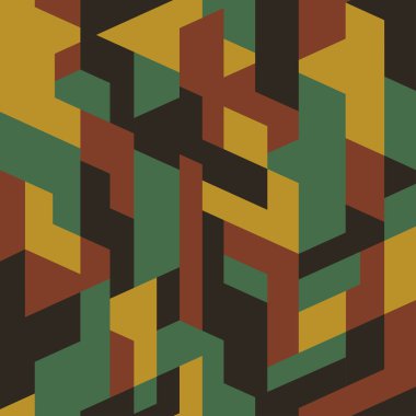 Kamuflaj şık yeşil geometrik desen. Dikişsiz doku, vektör illüstrasyon. İzometrik kamuflaj baskı arka planı. Soyut kentsel stil zemin