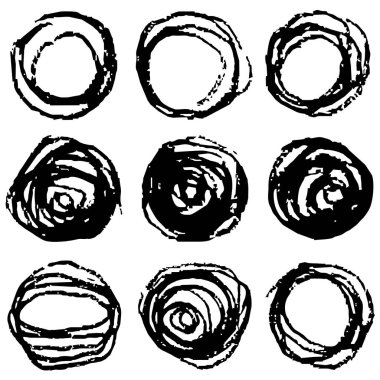 Bir dizi grunge dairesi. Grunge şekilli siluette hasar var. Çemberdeki sıkıntılı grunge dokusu. Doku Damgası. Vektör illüstrasyonu