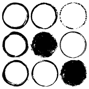 Grunge daireler kümesi, Grunge yuvarlak şekiller, çerçeve kenarlığı, Vektör çizimi.