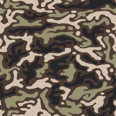 Kamuflaj desenli arka plan kusursuz vektör çizimi. Klasik giyim tarzı kamuflaj tekrarı. Yeşil kahverengi siyah zeytin rengi orman dokusu. 