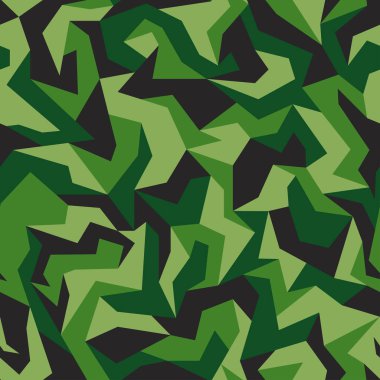Geometrik kamuflaj dikişsiz desen arka plan. Klasik haki giyim tarzı maskeleme kamuflaj tekrar baskı. Yeşil ve siyah renkler orman dokusu. Vektör.