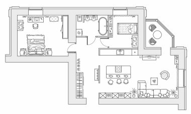 Mobilyalarla birlikte daireyi planlıyorum. Evin mimari çizimi (üst görünüm). İç dizayn kat planı yukarıdan. Vektör yerleşimi