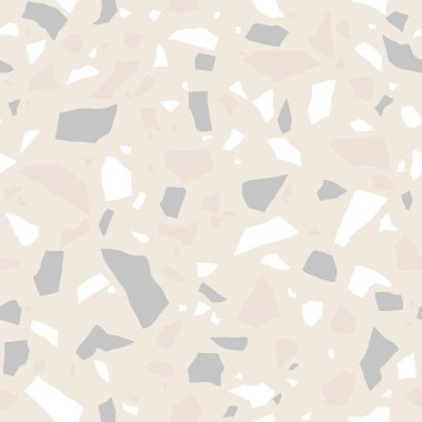 Terrazzo kusursuz desen. Pastel renklerde mermer döşeme. Cilalanmış kaya yüzeyi. Renkli taşlı açık bej arkaplan. Vektör dokusu