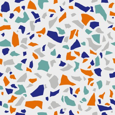 Terrazzo döşeme dokusu. Cilalanmış çakıl taşı fayansları. Soyut mavi ve turuncu renksiz desen, vektör arkaplan. 