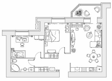 Mobilyalarla birlikte daireyi planlıyorum. Evin mimari çizimi (üst görünüm). İç dizayn kat planı yukarıdan. Vektör yerleşimi