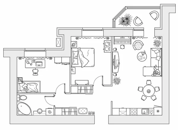 Planung Der Wohnung Mit Arrangementmöbeln Architekturzeichnung Des Hauses Draufsicht Raumgestaltung — Stockvektor