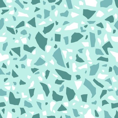 Terrazzo zemininin dokusu. Turkuazlı, beyaz çakıl taşlı fayans. Soyut açık mavi mozaik, pürüzsüz desen. Vektör 