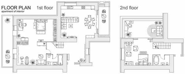 Planung Einer Zweigeschossigen Wohnung Mit Möbeln Architekturzeichnung Des Hauses Draufsicht — Stockvektor