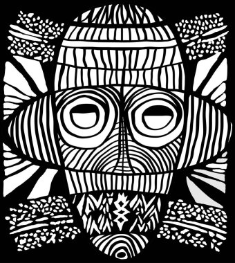 Etnik kabile maskesi. Geleneksel ritüel maske antik kabilelerin ve dinlerin yerli şamanları Voodoo Afrika, Amerika ve Avustralya. Siyah ve beyaz el çizimi vektör çizimi.