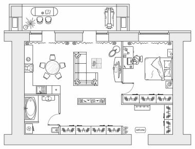Mutfak ve yatak odası olan stüdyo dairesinin mimari planı. Küçük ev manzaralı. Mobilya döşenmiş kat planı. İç dizayn projesi. Vektör.