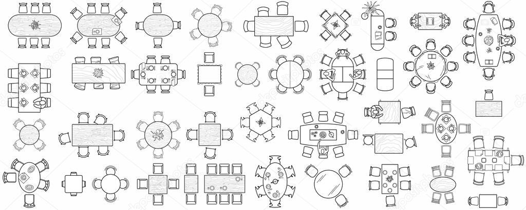 Set of kitchen and office tables for the interior layout of a restaurant, kitchen, apartment or office space. Top view of furniture icons for floor plans. Vector