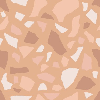 Doku terrazzo zemin, soyut kahverengi dikişsiz desen. Mermer karo yüzey alanı. Taş renkli mozaik vektör arkaplanı.  