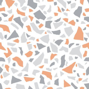 Pastel terrazzo dikişsiz doku. Döşeme döşemesi, cilalanmış renkli taş deseni. Beyaz mermer yüzey. Kaotik lekeli vektör soyut arkaplan.