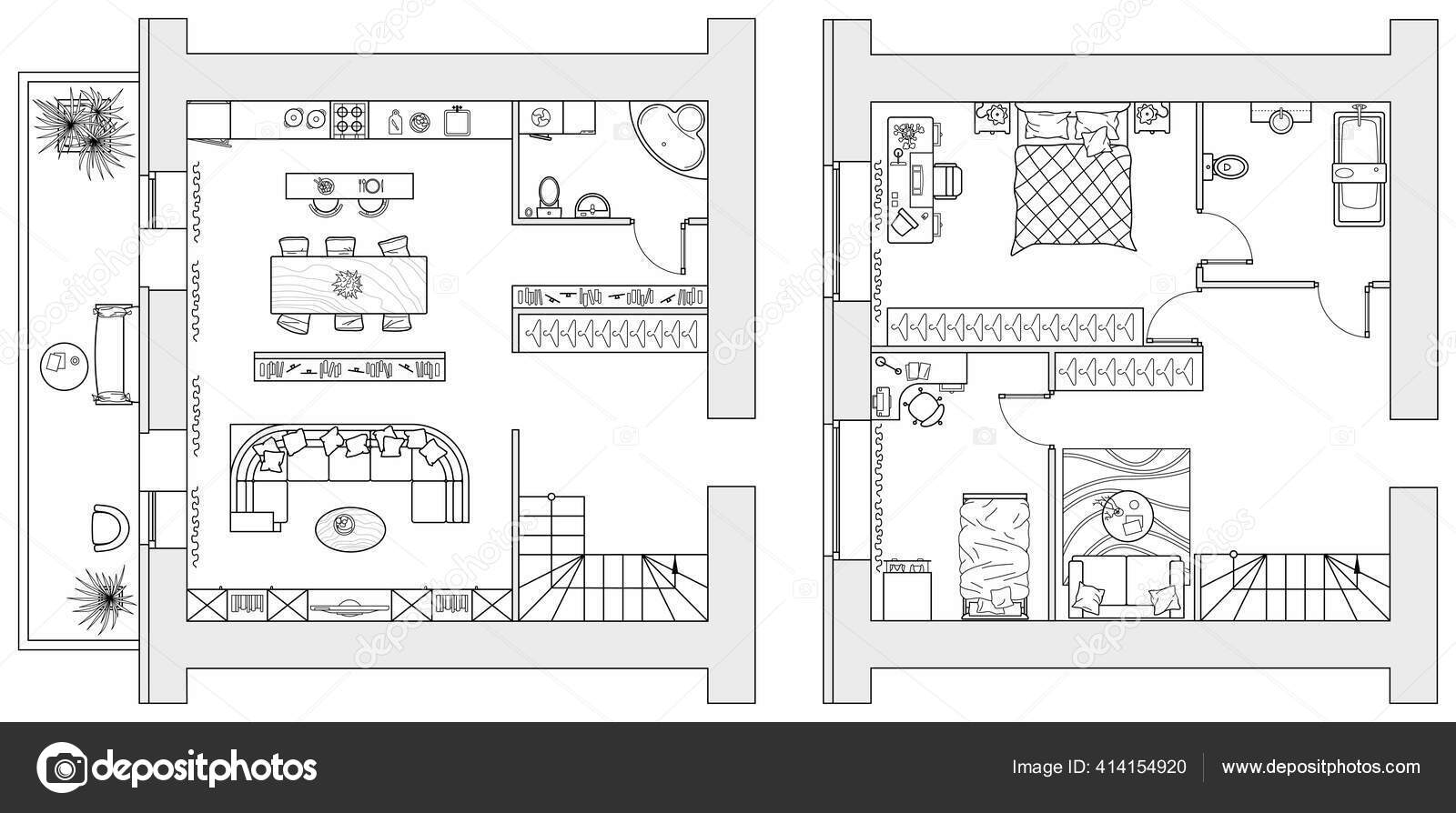 Planejamento Dois Andares Apartamento Com Mobiliário Arranjo Desenho  Arquitetônico Casa Vetor de ©Parmenow 414154920, image size:1600x894