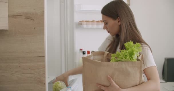 Kadın yiyecek çantasını buzdolabına boşaltıyor. — Stok video