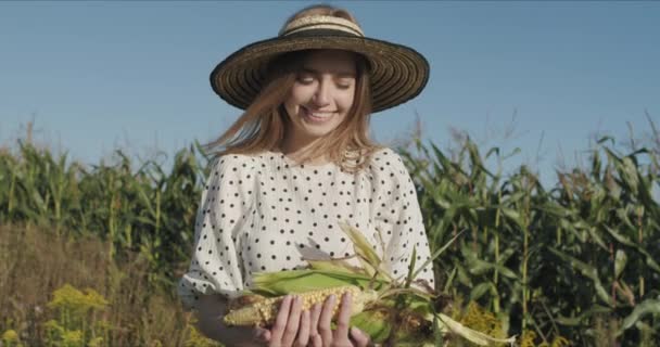 Młoda kobieta rolnik przy zbiorach kukurydzy — Wideo stockowe