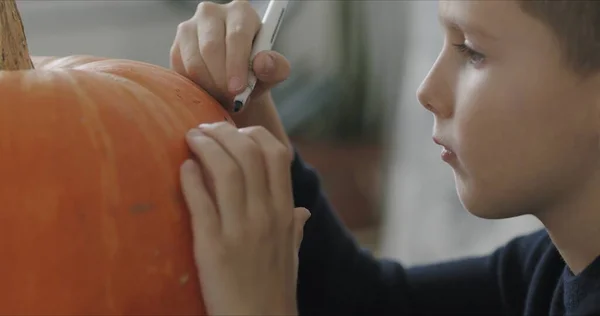 Bambino disegno decorazione festa di Halloween su punpkin — Foto Stock