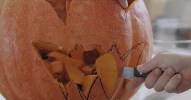 Male hands carving out holes in pumpkin — Stock Video