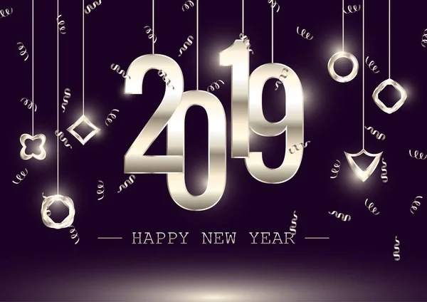 幸せな新しい年 2019年休日ベクトル イラスト。輝く光沢のある成分。Eps10 — ストックベクタ
