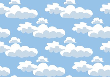 Dekoratif tasarım için Doodle bulutlar. Cloudscape arka plan. Bebeğim, çocuk illüstrasyonu. Vektör mavi gökyüzü bulutları. Sevimli sorunsuz desen. Kumaş doku baskı.