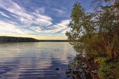 Göl kenarında ormandaki sonbahar manzara günbatımı