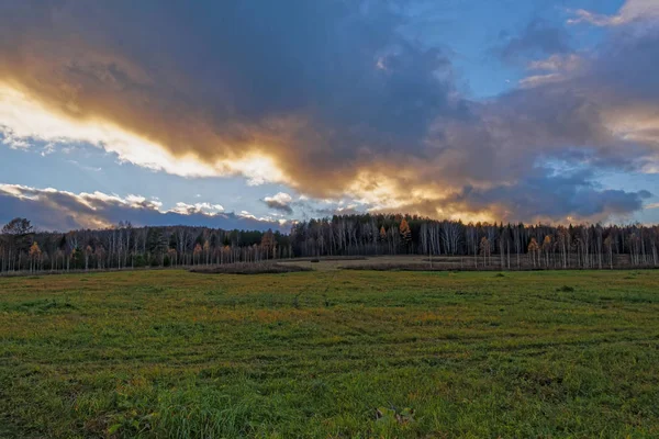 Autumn Landscape Dried Grass Meadow Background Forest Sunset Sky Clouds — Stock Photo, Image