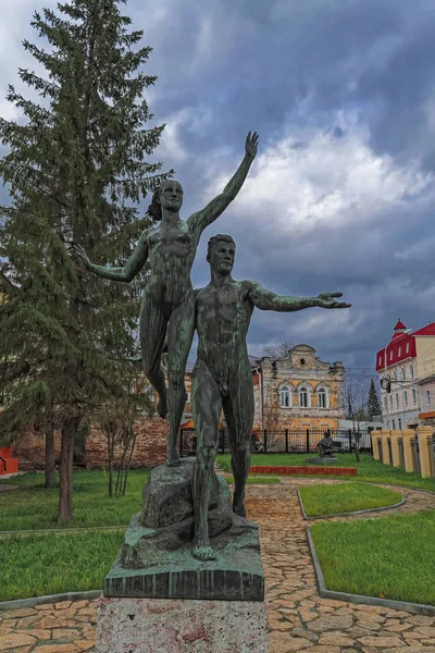 Old park sculptures of the Soviet era are preparing for restoration in the back yard of the historical museum of Nizhny Tagil, Sverdlovsk region