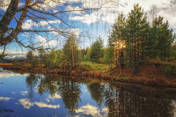 Bela Floresta Outono Com Árvores Coloridas Céu Pacturesco Refletido Água — Fotografia de Stock