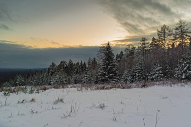 Kış manzara Ladin ormanda günbatımı, dağlar
