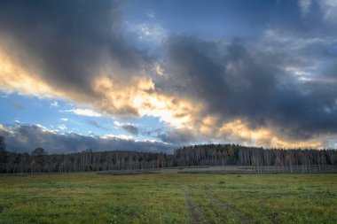Sonbahar yatay, Kuru otların arasında ayar güneş tarafından aydınlatılmış bulutlar ile orman ve günbatımı gökyüzü arka plan üzerinde çayır