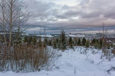 Kış manzara Ladin ormanda günbatımı, dağlar