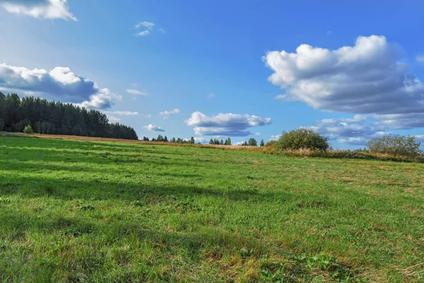 Rural landscape with haystacks in a summer sunny day. Rural landscape with clouds in the blue sky.